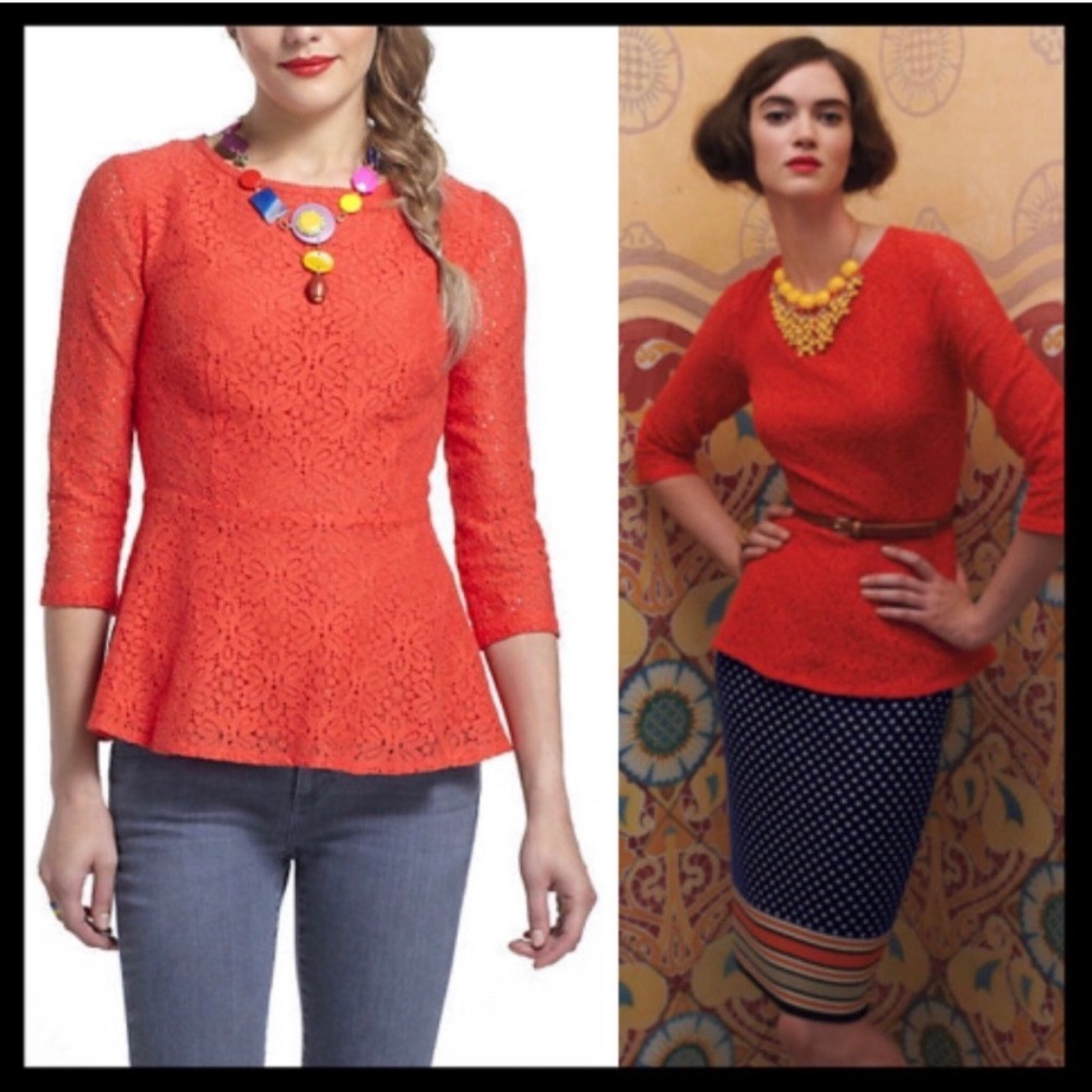 Anthropologie | Lace Peplum Coral Orange Top